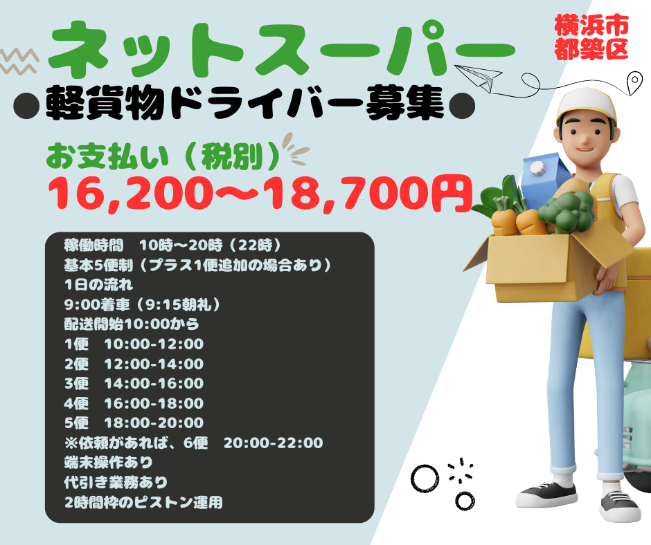 ネットスーパー軽貨物ドライバー募集(横浜市都筑区)